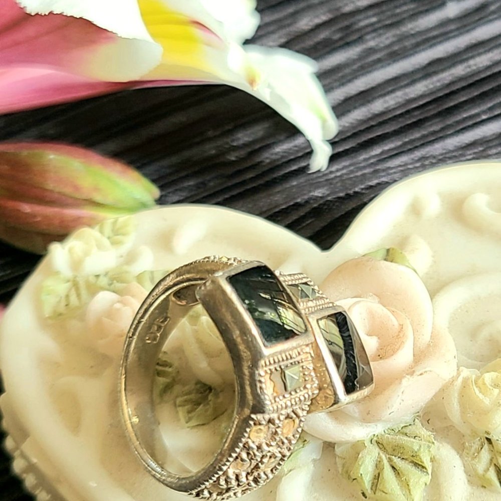 Vintage - Sterling Silver & Black Onyx & Marcasite Ring - Size 6.5-Signed 925 - Picture 2 of 9